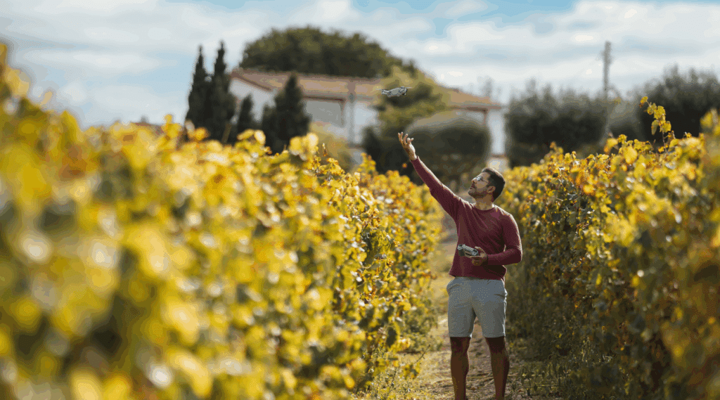 Homme faisant voler un drône dans un vignoble